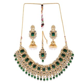 Zaveri Pearls Traditional Kundan & Green Beads Bridal Choker Necklace Set at Rs.703